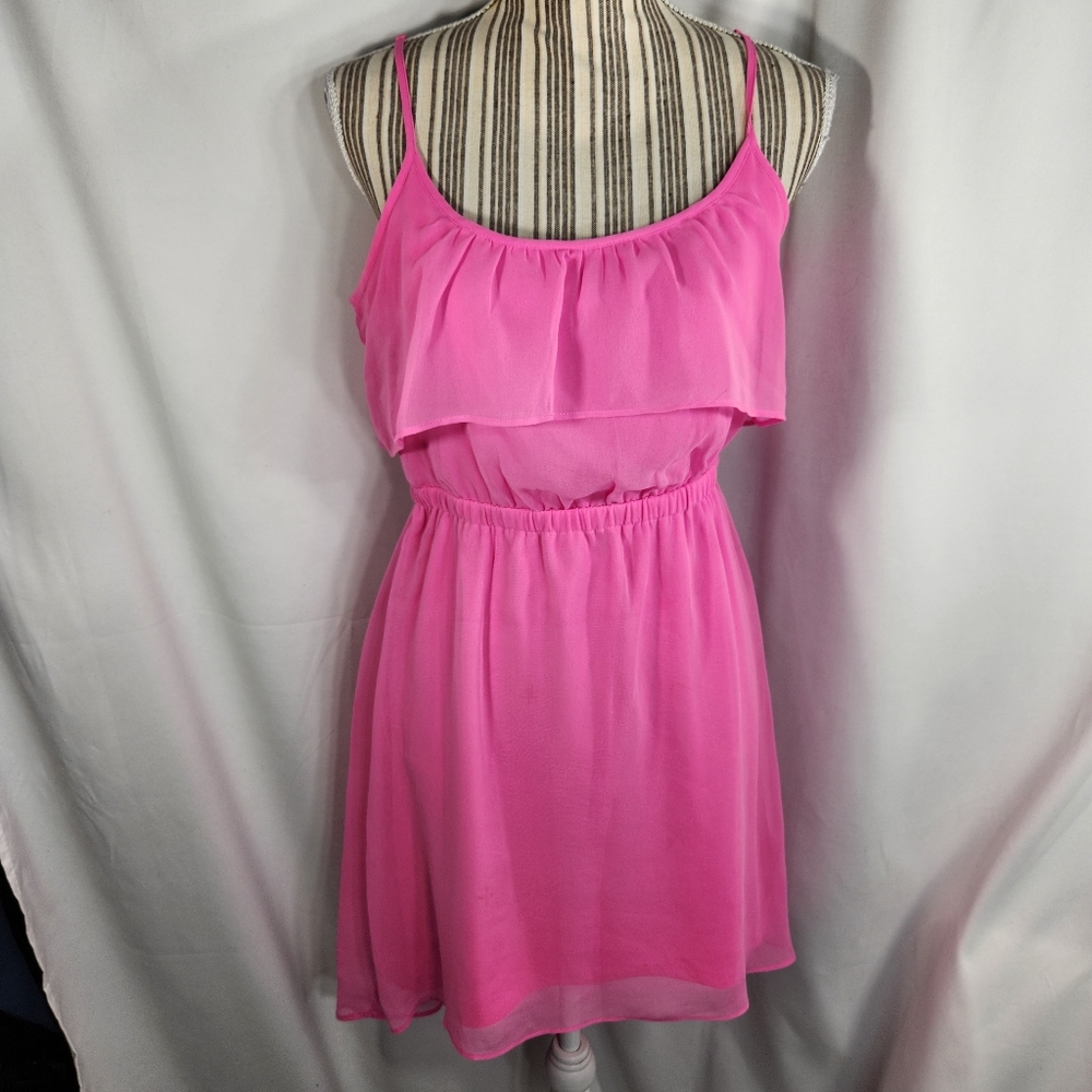 American Eagle Pink Ruffle Top Adjustable Spaghetti Strap V Back Dress Sz Small